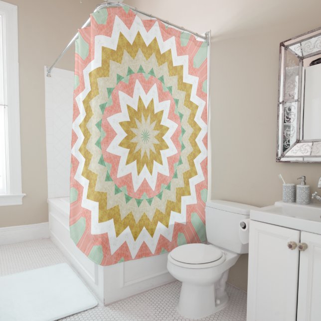 Geometric Starburst Boho Mandala Pattern Shower Curtain (In Situ)