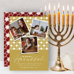 Geometric Stars Of David Gold Hanukkah 3 Photo Holiday Card<br><div class="desc">This modern Hanukkah card features 3 instant photo collage on a background pattern of geometric stars pattern. The greeting is a mix typography of a trendy handwriting script and simple sans serif text. The 'Happy Hanukkah' greeting and background can be changed to any colour of your choice. Designed / original...</div>