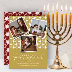 Geometric Stars Of David Gold Hanukkah 3 Photo Holiday Card