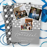 Geometric Stars Of David Silver Hanukkah 3 Photo Holiday Card<br><div class="desc">This modern Hanukkah card features 3 instant photo collage on a background pattern of geometric stars pattern. The greeting is a mix typography of a trendy handwriting script and simple sans serif text. The 'Happy Hanukkah' greeting and background can be changed to any colour of your choice. Designed / original...</div>