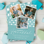 Geometric Stars Of David Sky Blue Hanukkah 3 Photo Holiday Card<br><div class="desc">This modern Hanukkah card features 3 instant photo collage on a background pattern of geometric stars pattern. The greeting is a mix typography of a trendy handwriting script and simple sans serif text. The 'Happy Hanukkah' greeting and background can be changed to any colour of your choice. Designed / original...</div>