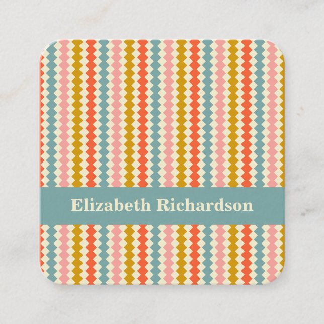 Geometric Stripes Retro Colourful Personalised Nam Square Business Card (Front)