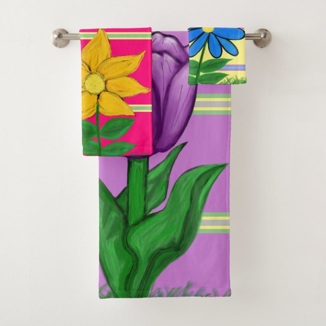 Geometric Stripes Tulip Sunflower Daisy Bath Towel Set (Insitu)
