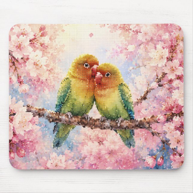 Geometric Style Lovebirds Among Cherry Blossoms Mouse Pad (Front)
