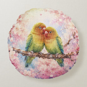 Geometric Style Lovebirds Among Cherry Blossoms Round Cushion