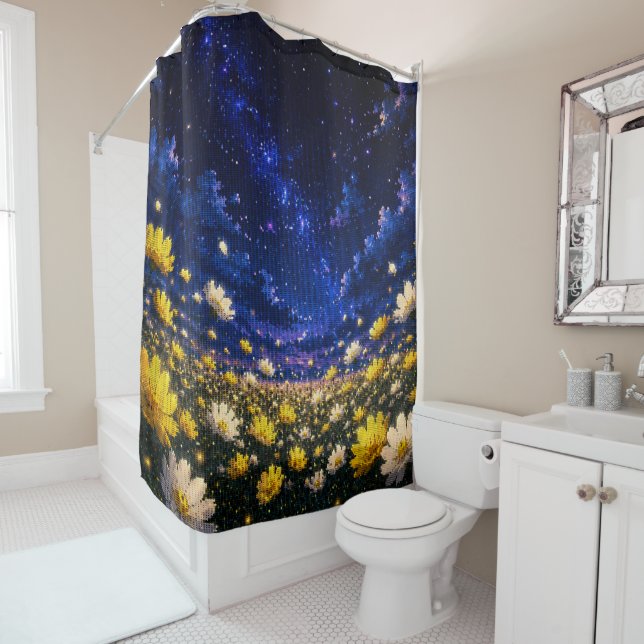 Geometric Style Starry Night Cosmos Landscape Shower Curtain (In Situ)