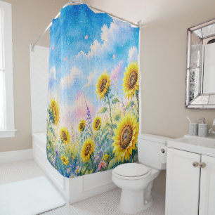 Geometric Style Watercolor Sunflower Bloom Shower Curtain