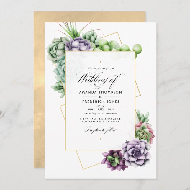 Geometric Succulents Wedding Photo Invitation (Front/Back)