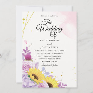 geometric Sunflower and purple wedding invitations