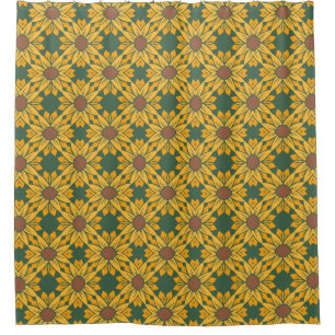 Geometric Sunflower Patterns on Dark Green Shower Curtain