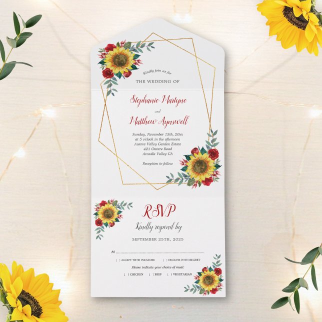Geometric Sunflower Red Rose Modern Wedding All In One Invitation (Creator Uploaded)