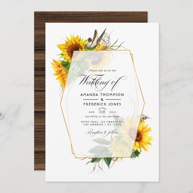 Geometric Sunflower Rustic Barn Country Wedding Invitation (Front/Back)
