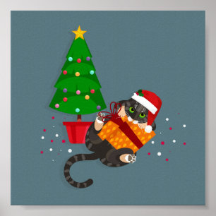 Geometric Tabby Cat playing with christmas present Poster