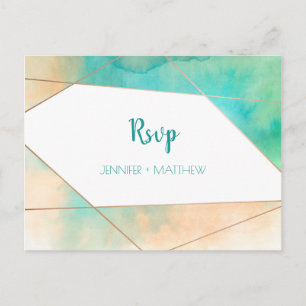 Geometric Teal and Peach Watercolor RSVP Invitation Postcard