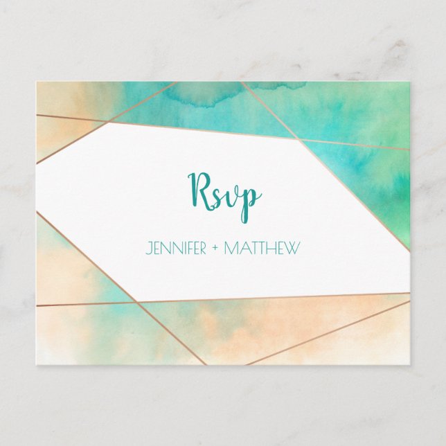 Geometric Teal and Peach Watercolor RSVP | Invitation Postcard (Front)
