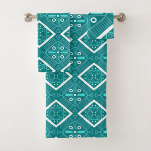 Geometric Teal Tile Print Pattern Aqua Blue Bath Towel Set