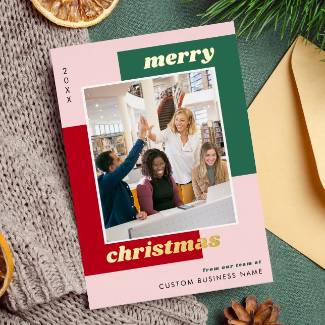 Geometric Team Photo Custom Foil Holiday Card (Creator Uploaded)