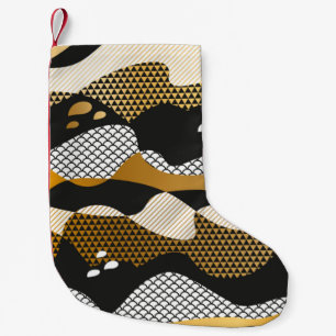 Geometric textured abstract waves in metal gold an small christmas stocking
