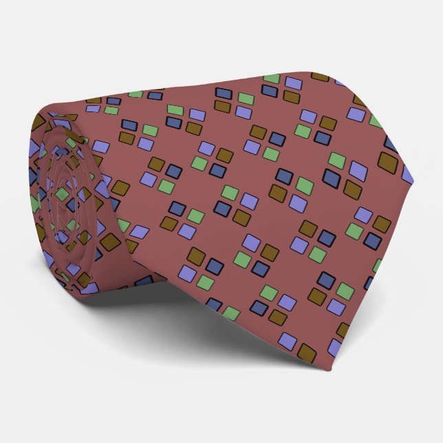 Geometric Tiles Pattern Blue on Custom Colour Tie (Rolled)