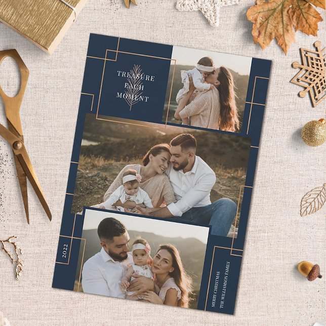 Geometric Treasure Each Moment Christmas 3 Photo Holiday Card (Creator Uploaded)