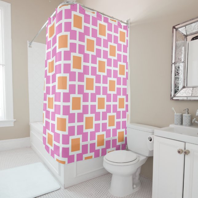 Geometric Trellis Pattern in Pink & Orange Shower Curtain (In Situ)
