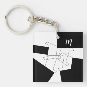 Geometric Trendy Black And White Monogrammed Key Ring