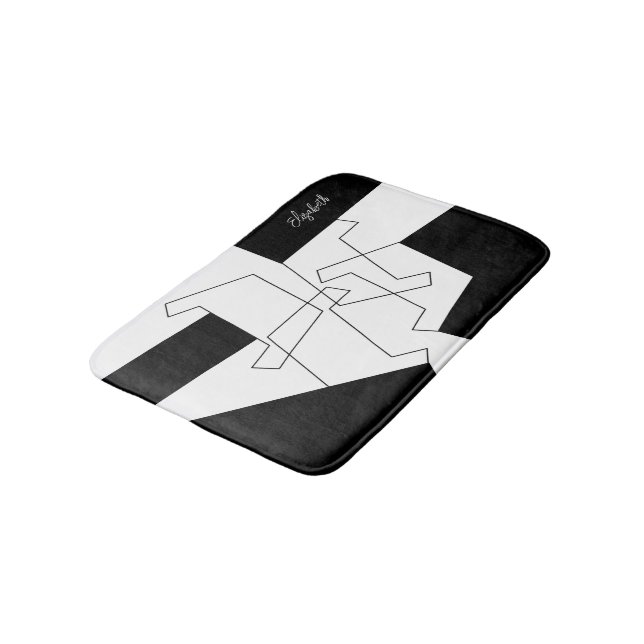 Geometric Trendy Black And White Personalised Bath Mat (Angled)