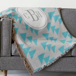 Geometric Triangle Aqua and Grey Monogram Pattern Throw Blanket