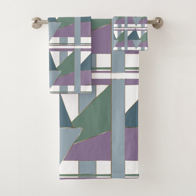 Geometric Triangle Pattern  Blue Violet Green Bath Towel Set (Insitu)