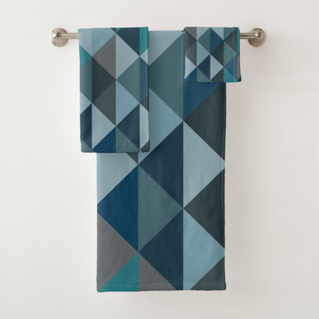 Geometric Triangle Pattern in Blue and Grey Bath Towel Set (Insitu)