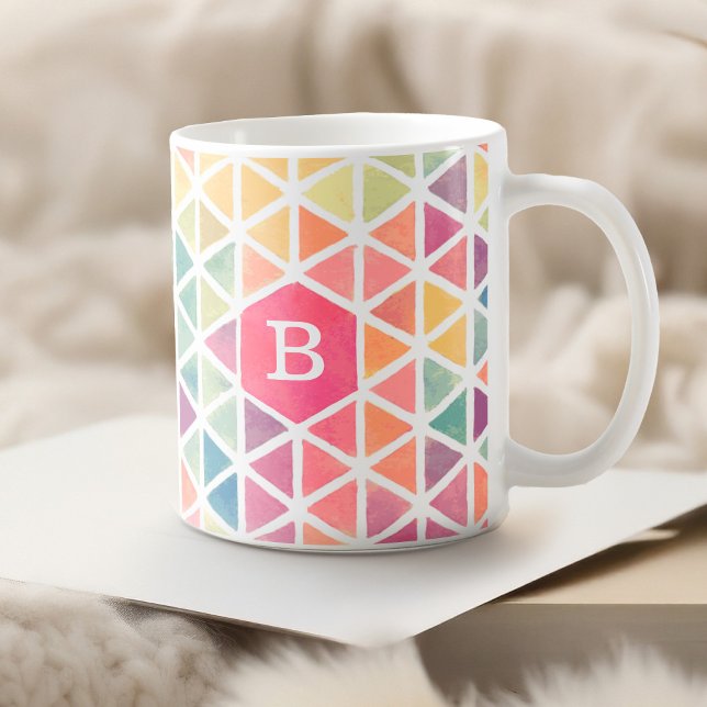 Geometric Triangle Pattern Monogram Watercolor Coffee Mug (Brighten your day with this colorful pastel triangle patterned mug with a  monogram. )