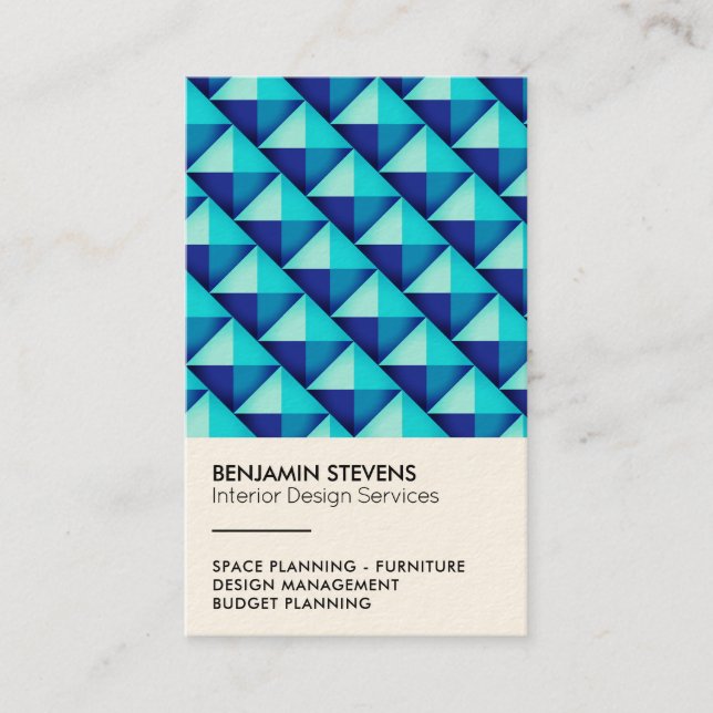 Geometric triangle pyramid pattern blue business card (Front)