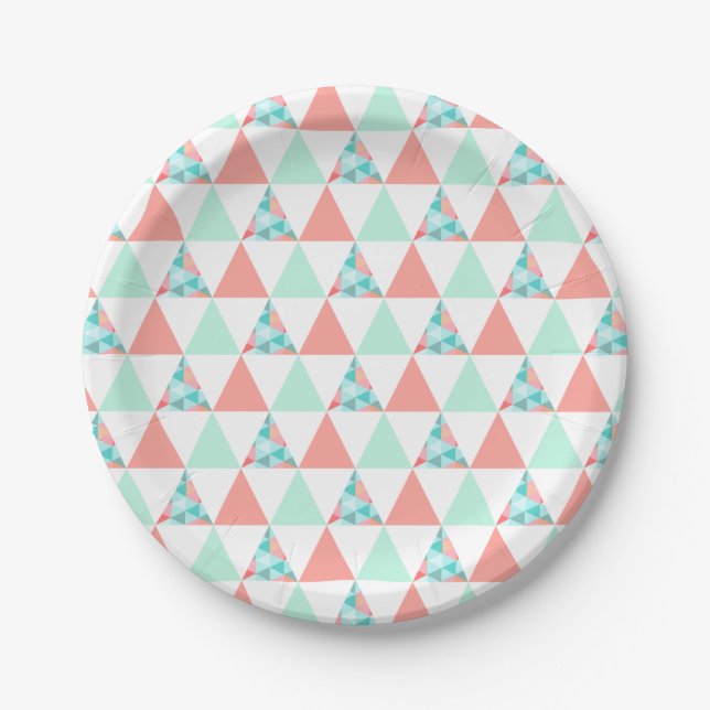 Geometric Triangles Mint Green Coral Pink Pattern Paper Plate (Front)