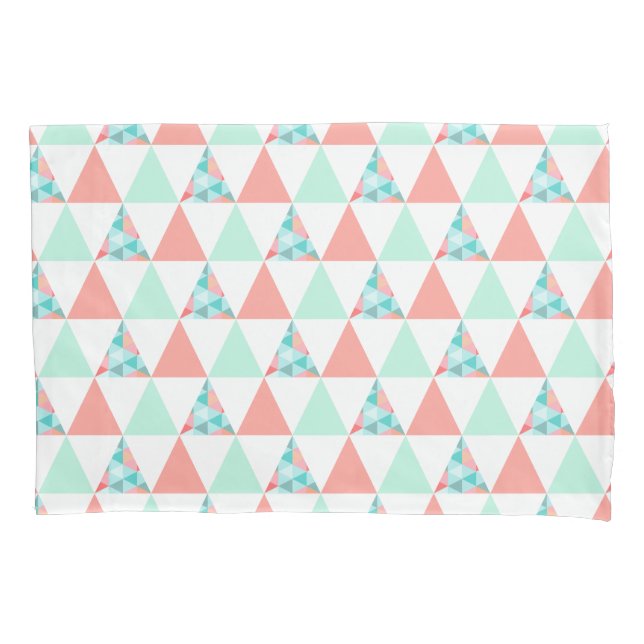 Geometric Triangles Mint Green Coral Pink Pattern Pillowcase (Front)