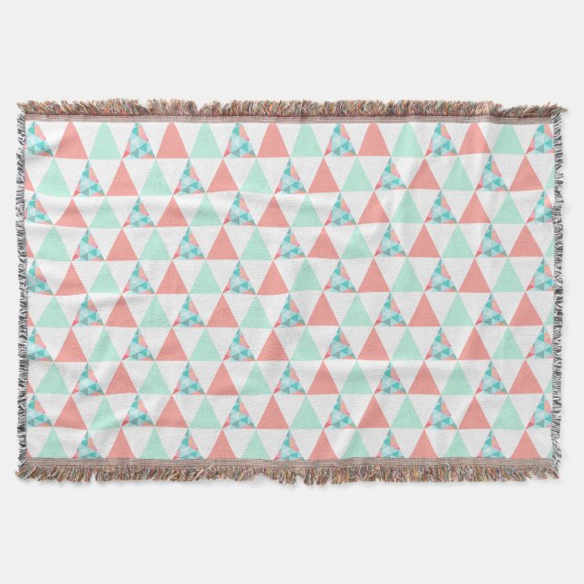 Geometric Triangles Mint Green Coral Pink Pattern Throw Blanket (Front)
