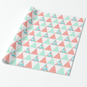 Geometric Triangles Mint Green Coral Pink Pattern Wrapping Paper