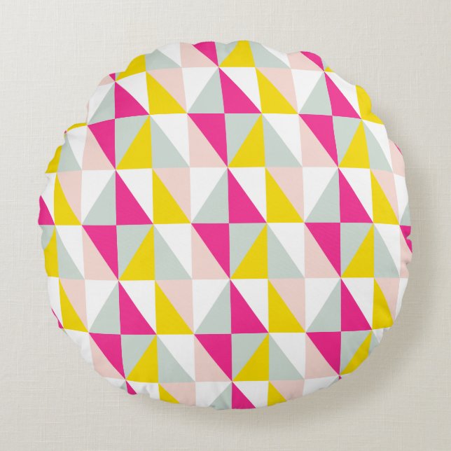 Geometric Triangles Pink And Yellow Pattern Round Cushion (Front)