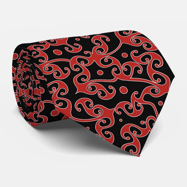 Geometric Tribal Pattern Black and Red Tie (Rolled)