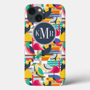 Geometric Tropical Birds Monogram iPhone 13 Case