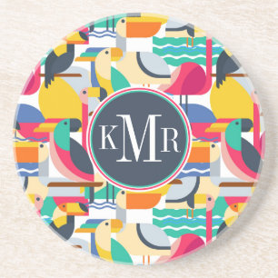 Geometric Tropical Birds Monogram Coaster