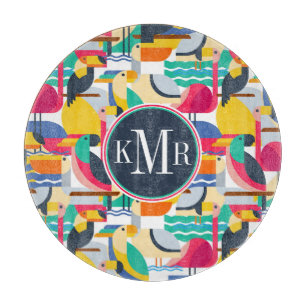 Geometric Tropical Birds Monogram Cutting Board