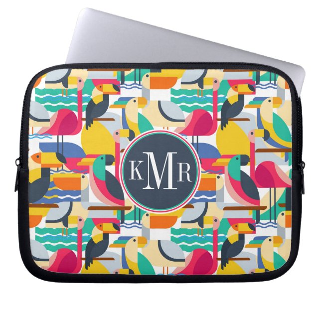 Geometric Tropical Birds | Monogram Laptop Sleeve (Front)