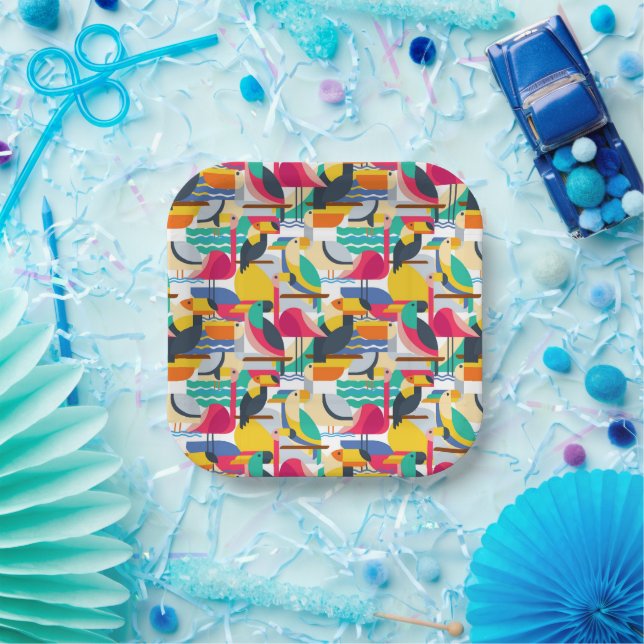 Geometric Tropical Birds Paper Plate (Party)