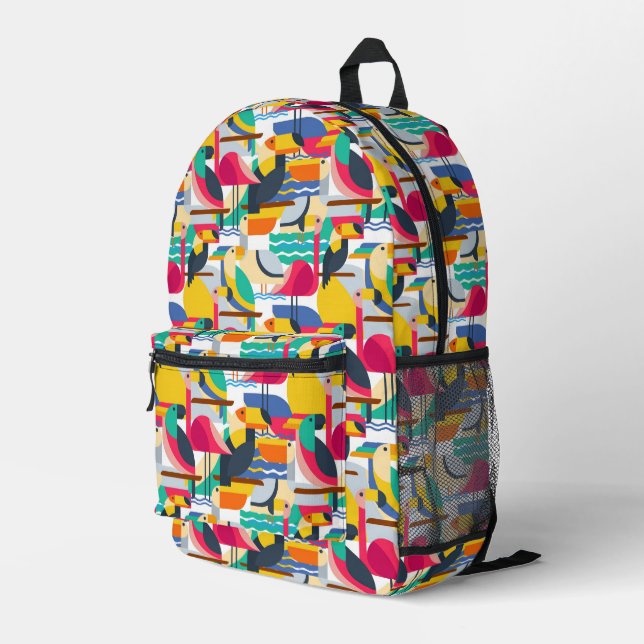 Geometric Tropical Birds Printed Backpack (Back Corner Right)