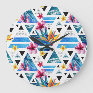 Geometric Tropical Flowers Pattern Large Clock