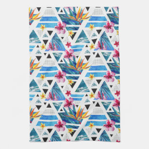 Geometric Tropical Flowers Pattern Tea Towel
