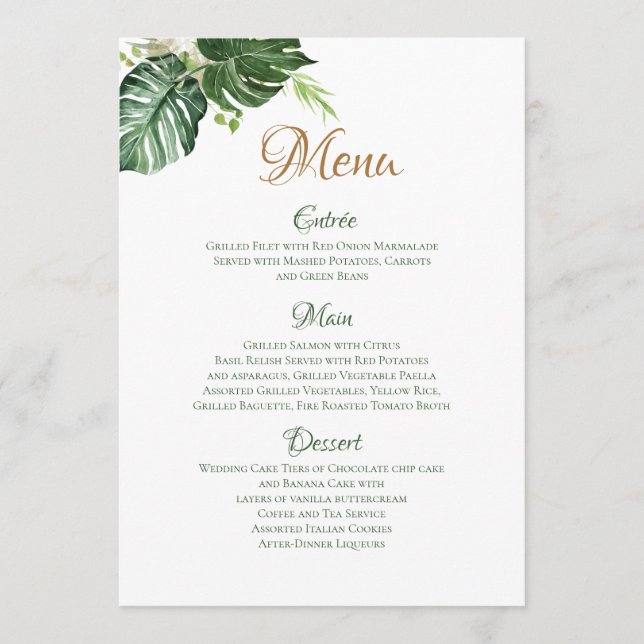 Geometric Tropical Green Palm Leaves Art Wedding Menu (Front)