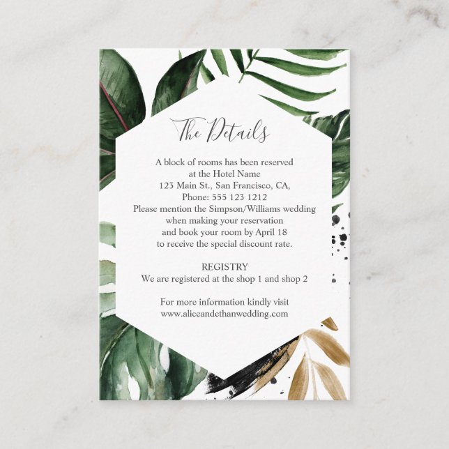 Geometric Tropical Greenery Wedding Details Enclosure Card (Front)