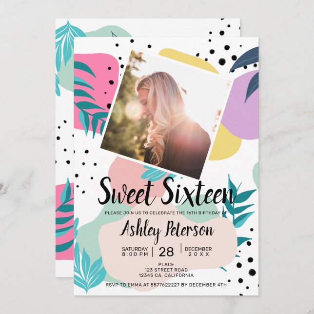 Geometric tropical leaf shapes chic photo Sweet 16 Invitation (Front/Back)
