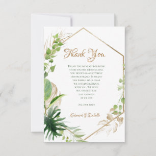 Geometric Tropical Watercolor Green Gold Leaves Thank You Card